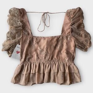 STORIA CROP DELICATE BOHO FLORAL EMBROIDERY LACE OVERLAY RUFFLE TAN MEDIUM